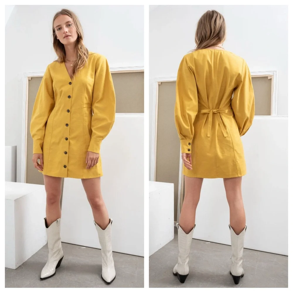 & Other Stories NWT Tailored Puff Sleeve Mini Dress V-Neck Structured Yellow - Picture 1 of 6